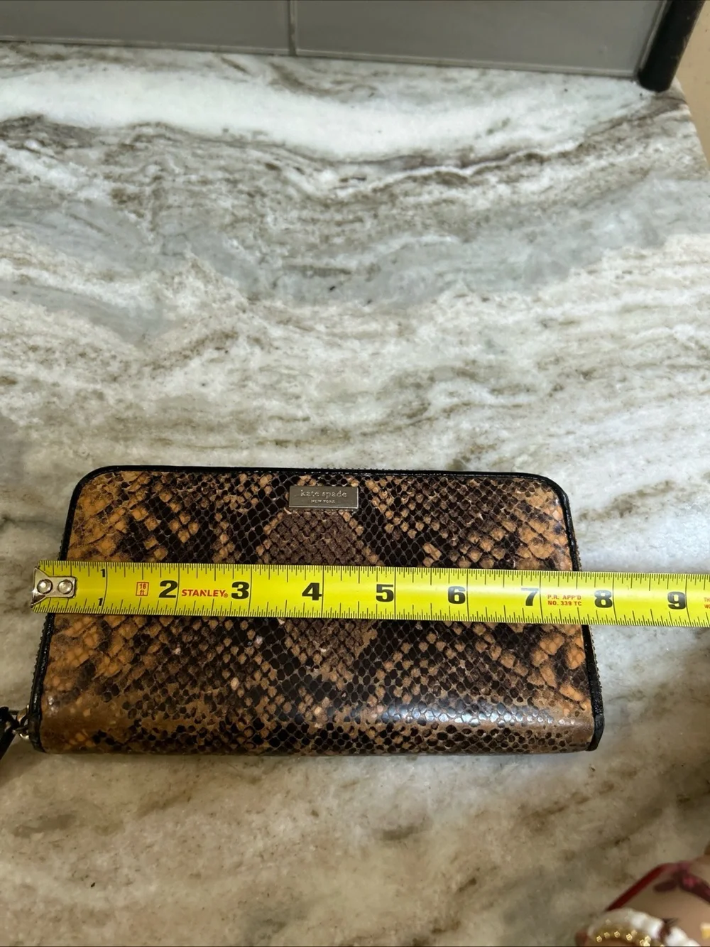 Kate Spade Snakeskin Embossed Leather Metallic Zip Large Wallet in Tan/Black